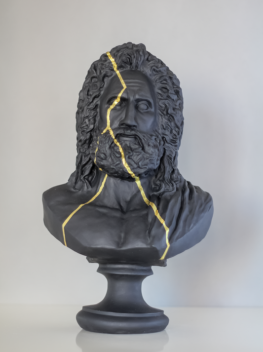 Zeus Black Gold Strip Bust Statue, 38 cm / 15"