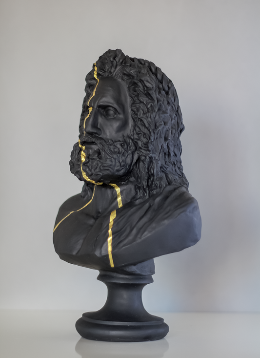 Zeus Black Gold Strip Bust Statue, 38 cm / 15"